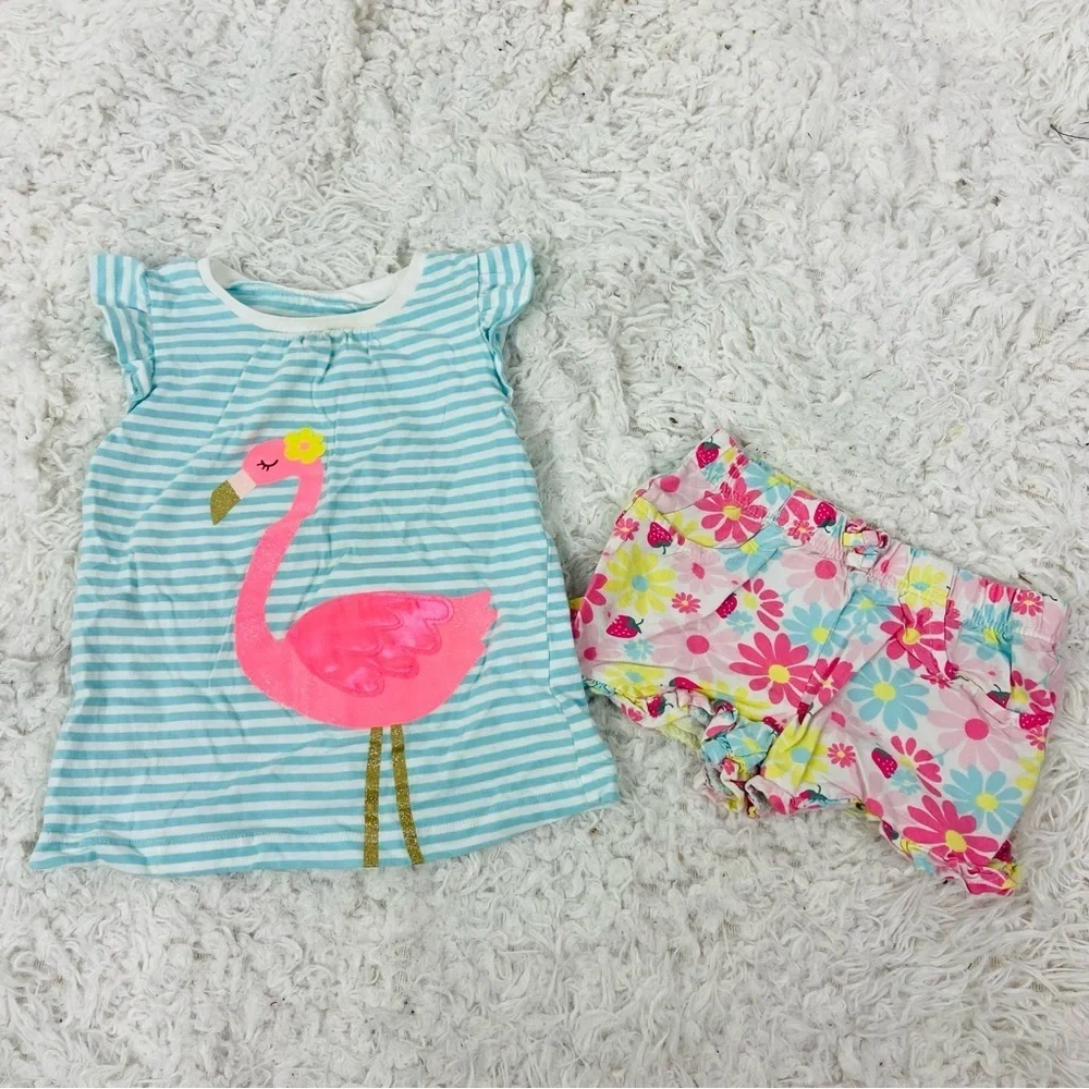 Carter's Blue and White Striped flamingo ruffle Top with pink floral shorts 3T - Picture 3 of 17